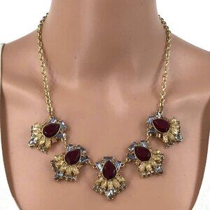 Charming Charlie Statement Necklace Art Deco Style Gold Tone Dark Red